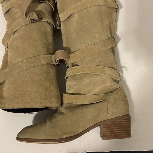 Twiggy London Women's Riding Boots Sz 7.5 Tan Suede Cowgirl Stacked Heel Strappy - Picture 12 of 16